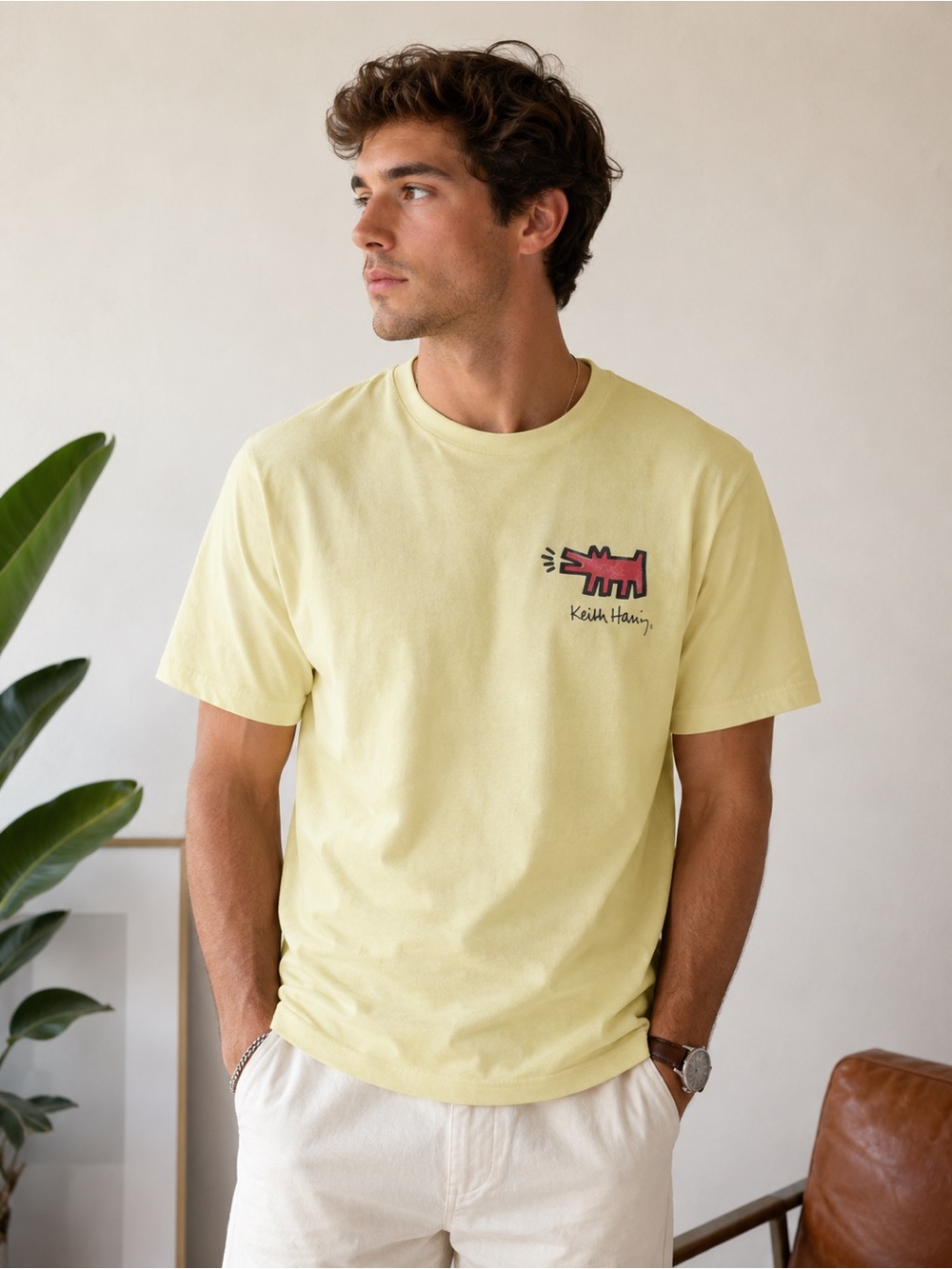 Keith Haring Graphic T-Shirt | Size L | Yellow with Red Dog Design | Modern Art